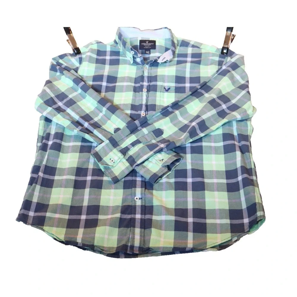 American Eagle Mens XL Classic Fit Long Sleeve Plaid Button Down Shirt Green - Picture 6 of 8
